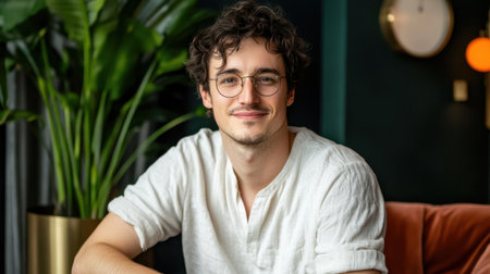 A young man with curly hair and glasses exudes warmth and confidence while sitting comfortably in a stylish indoor space adorned with lush greenery.の素材
