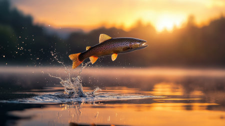 A stunning brown trout leaps dramatically from the water, creating a splash in the golden light of sunrise, showcasing the beauty of nature in a serene environment.の素材