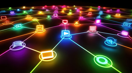 Vibrant digital network showcasing glowing icons that represent technology and connectivity. Perfect for themes of digital interaction and modern communication solutions.の素材