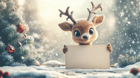 A delightful cartoon reindeer stands in a snowy scene, holding a blank sign. This whimsical image captures the essence of holiday cheer and winter magic, perfect for festive projects.の素材