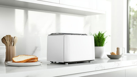 A contemporary kitchen scene features a sleek white toaster beside fresh bread on a marble countertop, embodying a fresh and elegant cooking atmosphere perfect for culinary enthusiasts.の素材