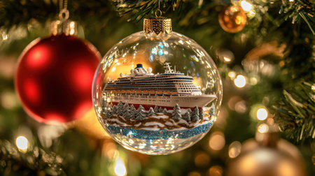 A beautiful Christmas ornament featuring a detailed cruise ship nestled in a snowy landscape, hanging on a festive tree illuminated by soft lights. Perfect for holiday decor.の素材