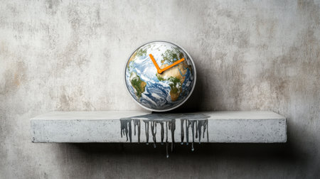 This striking surreal image illustrates a globe with a melting clock, highlighting the urgent need for climate action and environmental awareness in a contemporary artistic format.の素材