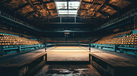 An atmospheric shot of an empty boxing ring in an abandoned arena, showcasing the interplay of light and shadow, evoking feelings of nostalgia and history.の素材