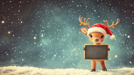 Charming young fawn wearing a festive hat holds a chalkboard in a serene snowy landscape, creating a perfect festive imagery for holiday themes and celebrations.の素材