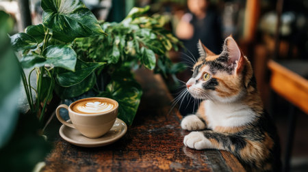 A charming cat gazes longingly at a beautifully crafted latte art in a cozy cafの素材