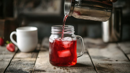 A vibrant strawberry beverage is being poured into a clear glass jar filled with ice cubes on a rustic wooden table, perfect for summer events and refreshing moments.の素材