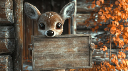 A charming fawn stands proudly while holding a blank wooden sign against a backdrop of vibrant autumn foliage and a rustic cabin, perfect for creative projects.の素材