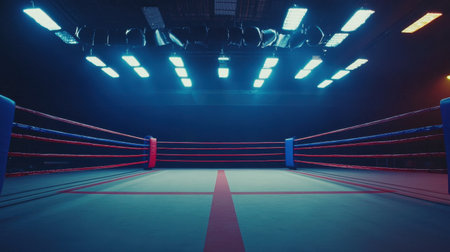A professional boxing arena featuring a well-lit ring with blue and red corners, ready for an electrifying match in a dark and atmospheric environment.の素材
