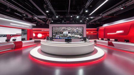 A modern news studio featuring sleek design elements, vibrant red lighting, a large central screen, and multiple workstations for journalists in a professional media setting.の素材