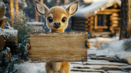 A charming cartoon deer stands in a snowy forest, holding a wooden sign. The peaceful setting captures the cozy winter atmosphere, making it great for various creative projects.の素材