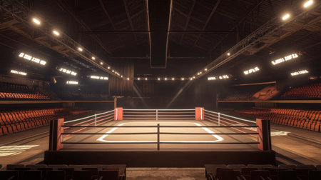 A striking view of an empty boxing arena ready for a thrilling match, featuring bright lights illuminating the ring and vast seating areas, perfect for sports enthusiasts and event planners.の素材