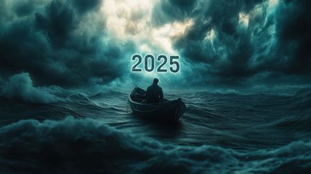 A dramatic scene featuring a person in a boat amidst crashing waves and dark clouds, representing the struggles and hopes for the year 2025 in a turbulent ocean.の素材
