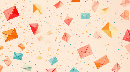 This vibrant image features colorful envelopes floating amidst cheerful confetti, ideal for themes related to celebrations, invitations, or joyful messages. Perfect for creative projects!の素材
