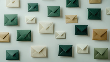 A visually appealing display of various envelopes in green, beige, and white tones on a light surface, representing creativity, organization, and modern communication methods.の素材