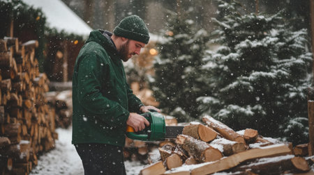 A focused man operates an electric chainsaw, cutting firewood in a snowy forest. Stacked logs and evergreen trees create a serene winter landscape perfect for outdoor activities.の素材