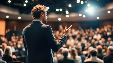 A charismatic speaker captivates a large audience in an auditorium, delivering a passionate presentation filled with inspiration and motivation, fostering engagement and connection.の素材