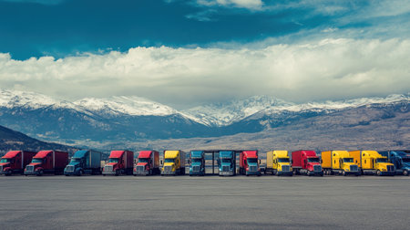 A vibrant array of trucks stands parked against a breathtaking mountain backdrop, illustrating the beauty of transportation and logistics within a serene landscape setting.の素材
