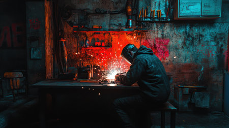 A skilled welder engages in metalworking amidst sparks and shadows, showcasing dedication, craftsmanship, and the beauty of industrial artistry in a captivating workshop setting.の素材
