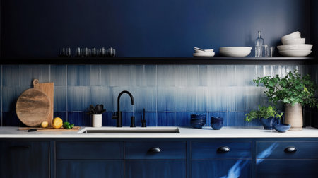 A beautifully designed modern kitchen featuring a striking blue gradient tile wall, minimalist decor, and fresh herbs, creating an inviting and stylish culinary space.の素材