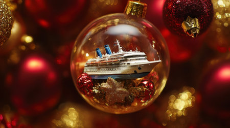 Delightful Christmas ornament showcasing a miniature cruise ship nestled among vibrant red and gold decorations, perfect for adding festive charm to holiday celebrations.の素材