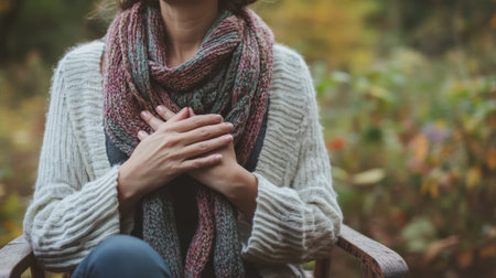 A woman sits in a tranquil outdoor setting, wearing a cozy sweater and scarf, with her hands resting on her heart, reflecting a moment of peace and connection with nature.の素材