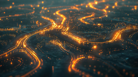 Stunning aerial view showcasing the beauty of a city at night, with bright lights illuminating winding roads, creating an enchanting visual experience of urban life.の素材