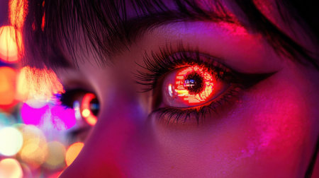This captivating close-up captures a female eye glowing with neon reflections, showcasing dynamic colors and textures that evoke a futuristic and artistic vibe.の素材