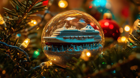 A charming snow globe showcases a meticulously crafted cruise ship, embraced by lush greenery and vibrant holiday lights, evoking warmth and festive cheer.の素材