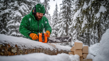 A logger dressed warmly in green fabric cuts timber in a snowy forest, surrounded by tall pine trees, highlighting winter work in a tranquil, cold environment.の素材