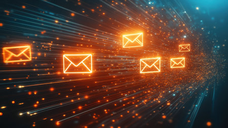 Vibrant abstract digital background depicting glowing envelope icons, symbolizing email and connectivity. Ideal for modern designs and digital communications themes.の素材