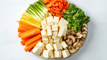 A vibrant display of fresh vegetables and tofu artfully arranged on a plate, perfect for healthy meal preparation, cooking inspiration, and vegetarian recipes.の素材