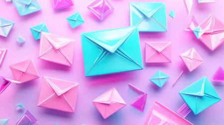A visually stunning arrangement of colorful envelopes in pastel blue and pink hues, ideal for designs involving communication, creativity, or vibrant themes.の素材