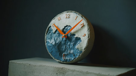 This artistic clock features a textured surface in blue and orange, perfect for enhancing modern home decor and adding a unique touch to any room's aesthetic.の素材