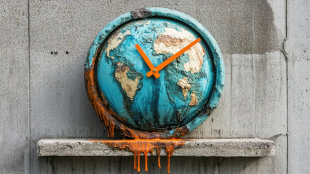 A striking melting globe clock mounted on a concrete wall captures the urgency of environmental change through vibrant colors and unique design elements.の素材