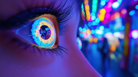 Stunning close-up of a human eye reflecting vibrant colors of neon lights, showcasing the captivating interplay of modern aesthetics and emotional depth in a bustling urban setting.の素材