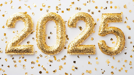 Bright and cheerful shimmering gold glitter numbers 2025 surrounded by sparkling confetti, perfect for celebrating the New Year or special occasions with flair and joy.の素材
