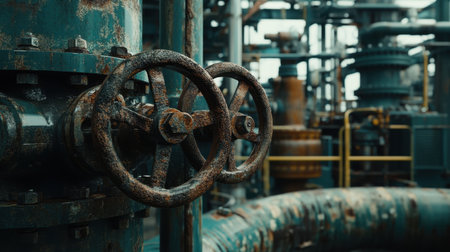 This image captures rusty industrial pipes and valves in an abandoned facility, highlighting the intricate details and weathered textures of industrial machinery and equipment.の素材