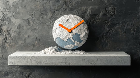 A stunning clock design that combines earthy textures with a planetary theme, perfect for modern decor. An artistic timepiece on a concrete shelf enhances any interior space.の素材
