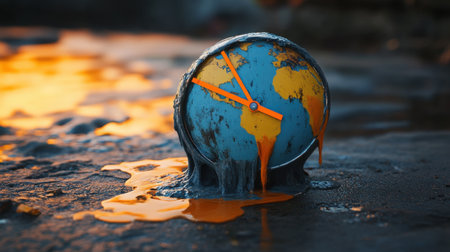 A surreal image of a melting globe with clock hands, reflecting environmental concerns and the urgency of climate change. A striking visual metaphor for our planet's future.の素材