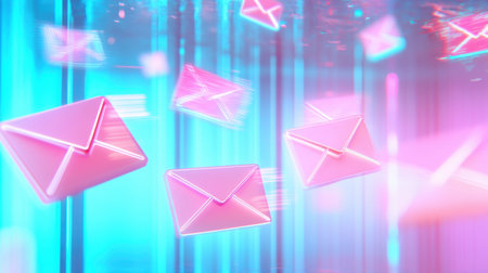 Vibrant digital illustration of floating neon envelopes in pink and blue tones, symbolizing modern communication and the rapid exchange of messages in a futuristic setting.の素材