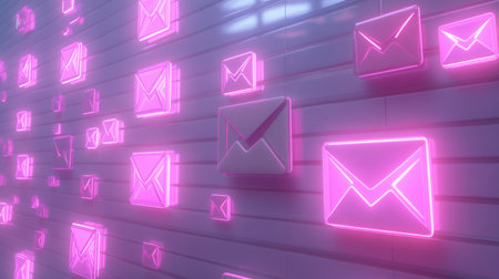 A captivating display of glowing neon mail icons on a sleek wall, symbolizing modern communication and digital interaction in vibrant pink hues.の素材