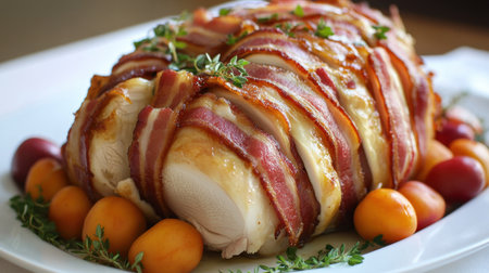 A beautifully arranged dish showcasing a roasted chicken wrapped in crispy bacon, adorned with vibrant cherry tomatoes and fragrant herbs, perfect for festive occasions.の素材