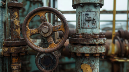 Detailed close-up of a rusty industrial valve and pipe, showcasing weathered paint and wear, perfect for emphasizing the charm of aging machinery in a factory environment.の素材