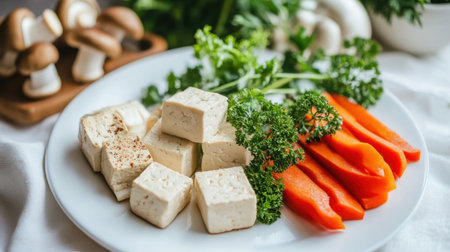 A beautifully arranged plate showcasing tofu cubes, fresh carrots, and parsley, perfect for promoting healthy meal options and plant-based recipes in culinary photography.の素材