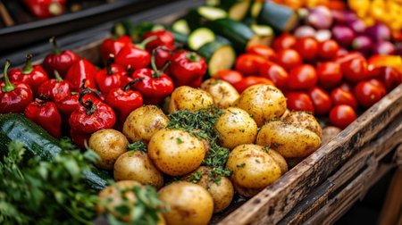 A vibrant market scene featuring a bustling display of fresh vegetables in a rustic wooden crate, perfect for promoting healthy eating and farm-fresh ingredients.の素材
