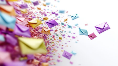 A visually appealing representation of colorful envelopes floating in the air, symbolizing modern communication and the dynamic nature of digital interaction. Ideal for marketing purposes.の素材
