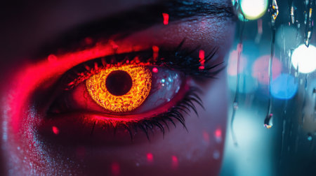 A mesmerizing close-up of a human eye with fiery orange light, surrounded by raindrops on glass, creating a captivating and surreal visual experience filled with vibrant reflections.の素材