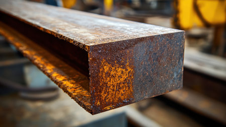 Close-up view of a rusty steel beam in an industrial setting, highlighting the textures and colors of metal in construction and manufacturing. Perfect for engineering themes.の素材