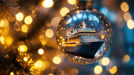 A captivating close-up of a glass Christmas ornament featuring a miniature cruise ship, illuminated by warm bokeh lights, perfect for evoking holiday joy and celebration.の素材